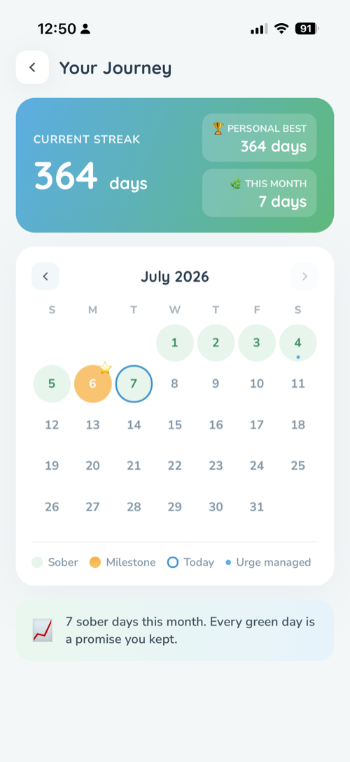 SoberLine calendar screen showing a month of sober days